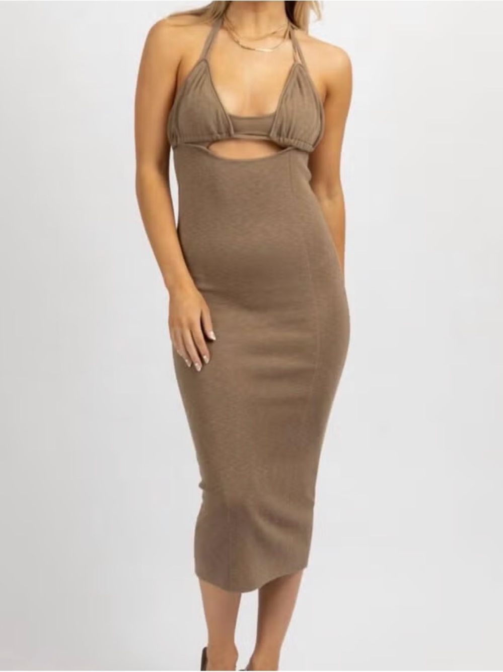 MABLE HALTERNECK TRIANGLE MIDI DRESS IN MOCHA